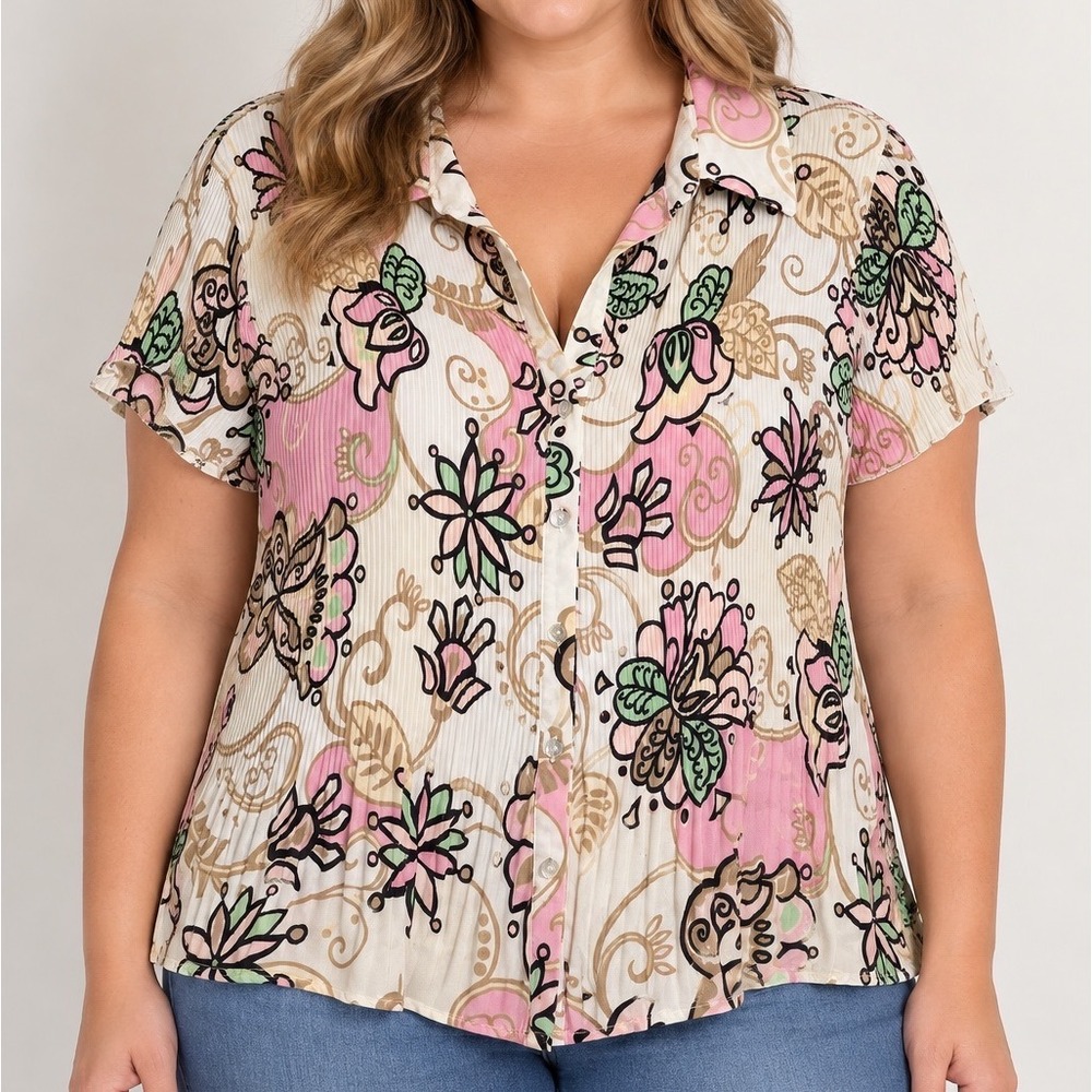 Plus Size 2X Abstract Floral Button Front Blouse Pink Green Y2K Artsy Sheer